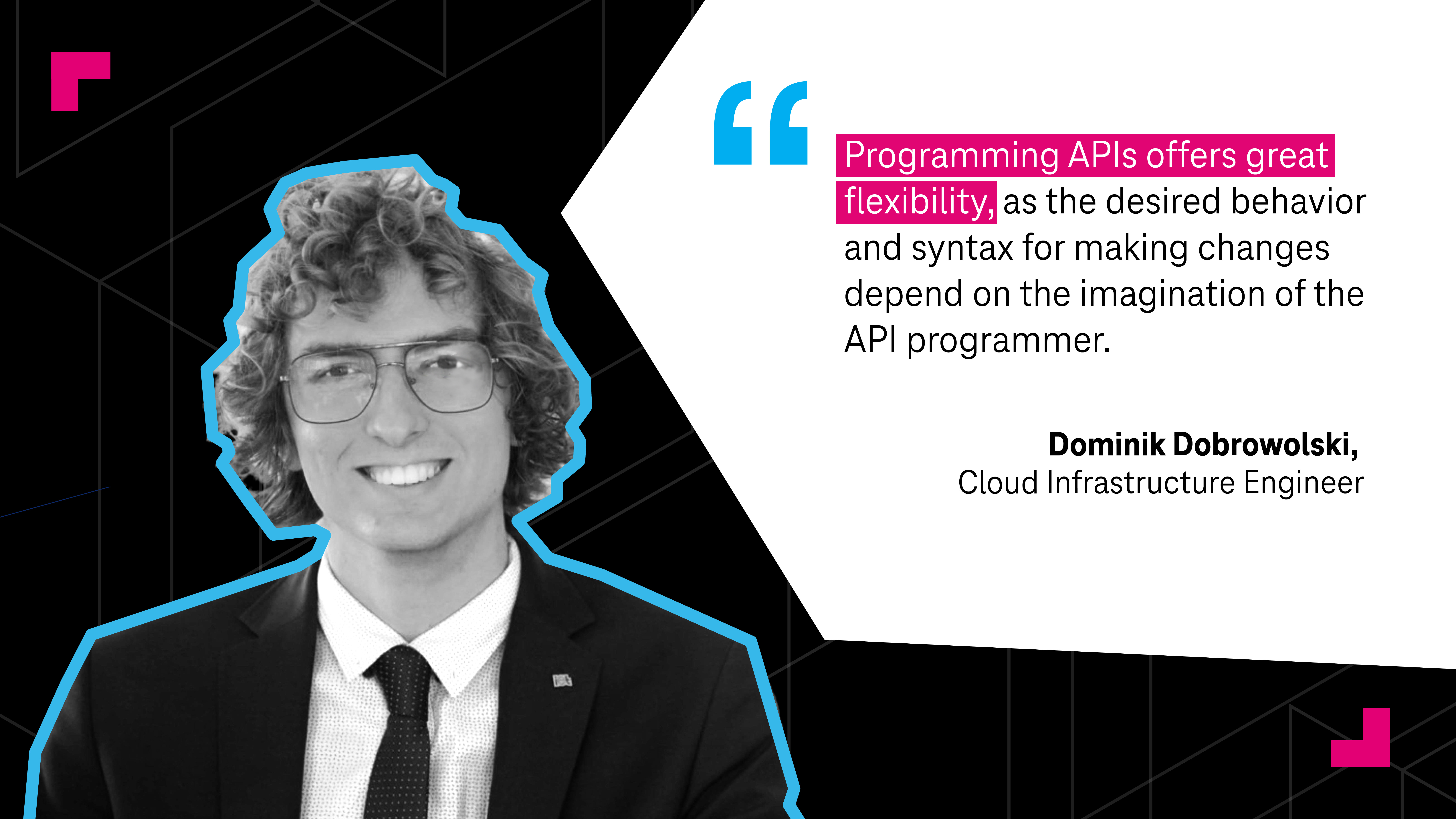 "Programming APIs offers great flexibility, as the desired behavior and syntax for making changes depend on the imagination of the API programmer." Dominik Dobrowolski, Cloud Infrastructure Engineer